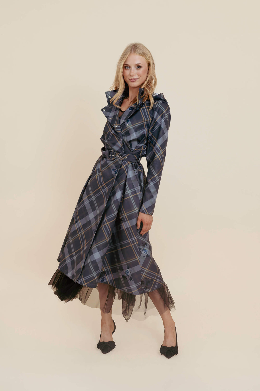 Hazel | Women’s plaid double-breasted trench coat with detachable hood