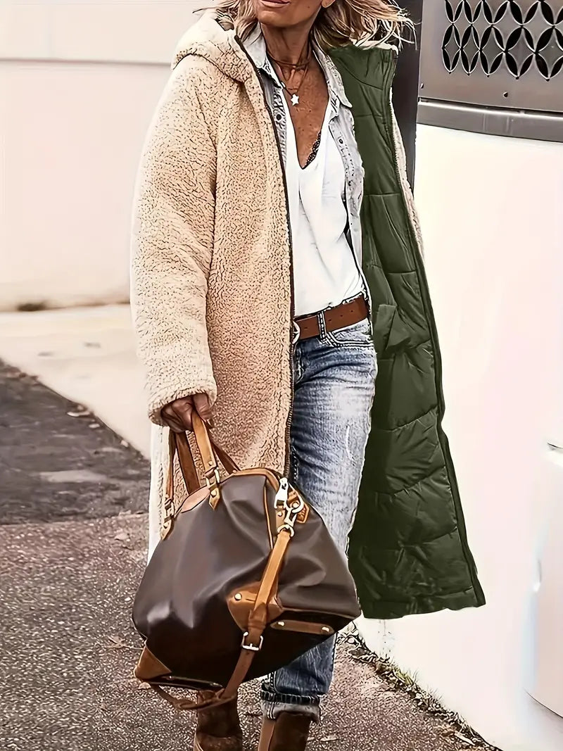 Remi | Women’s reversible long hooded coat with sherpa lining