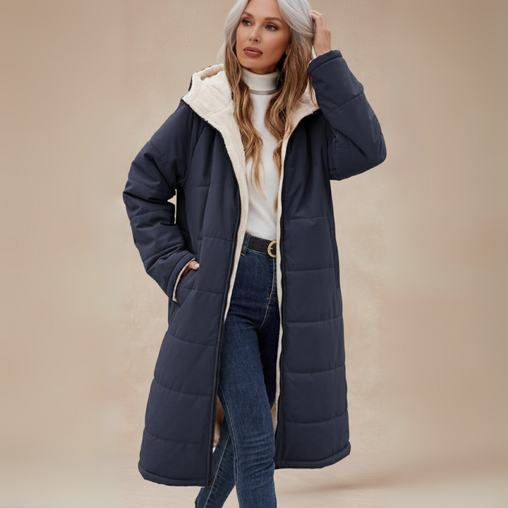 Remi | Women’s reversible long hooded coat with sherpa lining