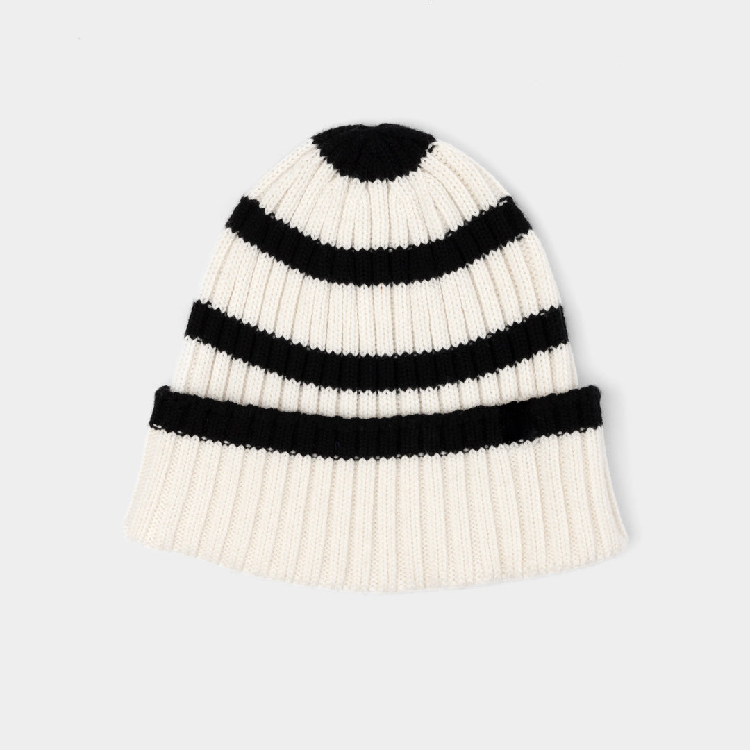 Abigail | Women’s wool–merino blend rib knit beanie with stripe detail