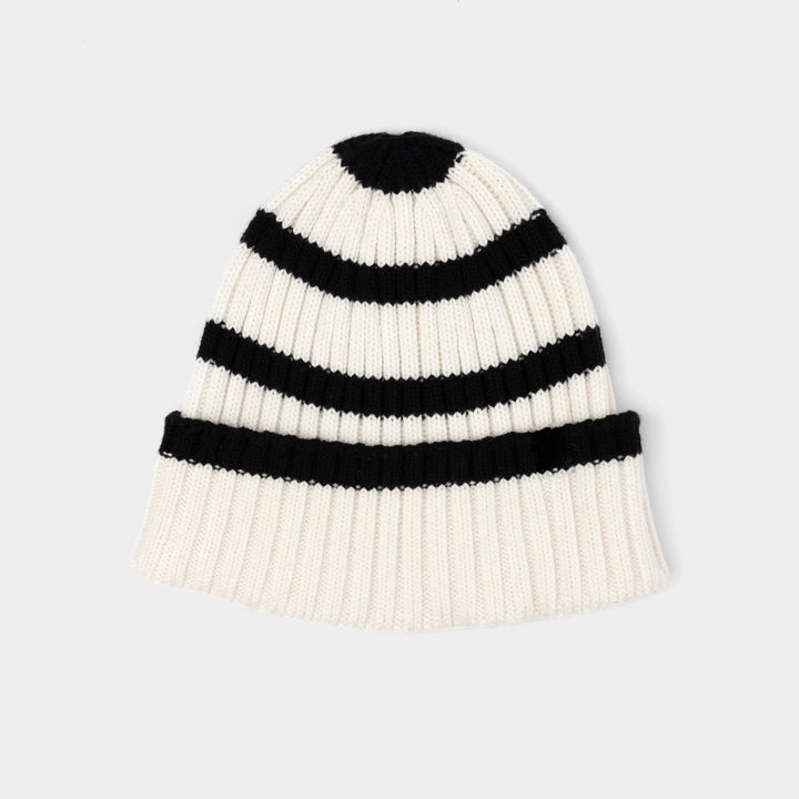 Abigail | Women’s wool–merino blend rib knit beanie with stripe detail