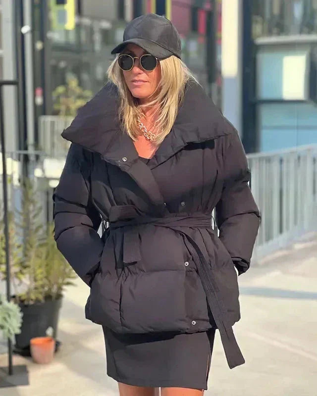 Monica | Women’s belted puffer jacket with oversized collar