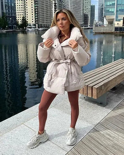 Monica | Women’s belted puffer jacket with oversized collar