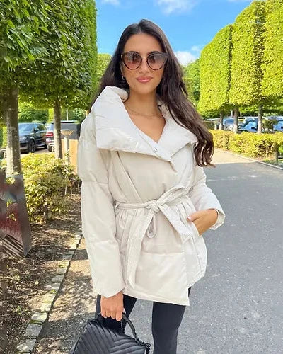 Monica | Women’s belted puffer jacket with oversized collar