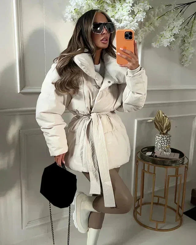 Monica | Women’s belted puffer jacket with oversized collar