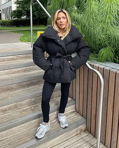 Monica | Women’s belted puffer jacket with oversized collar