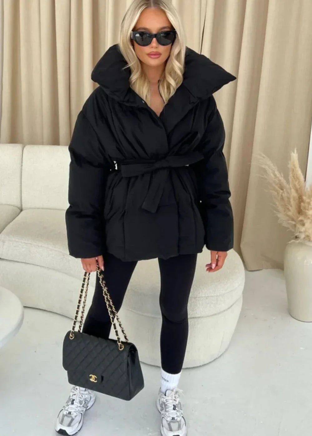 Monica | Women’s belted puffer jacket with oversized collar
