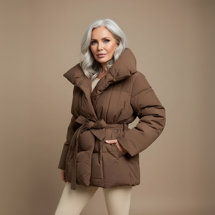 Monica | Women’s belted puffer jacket with oversized collar