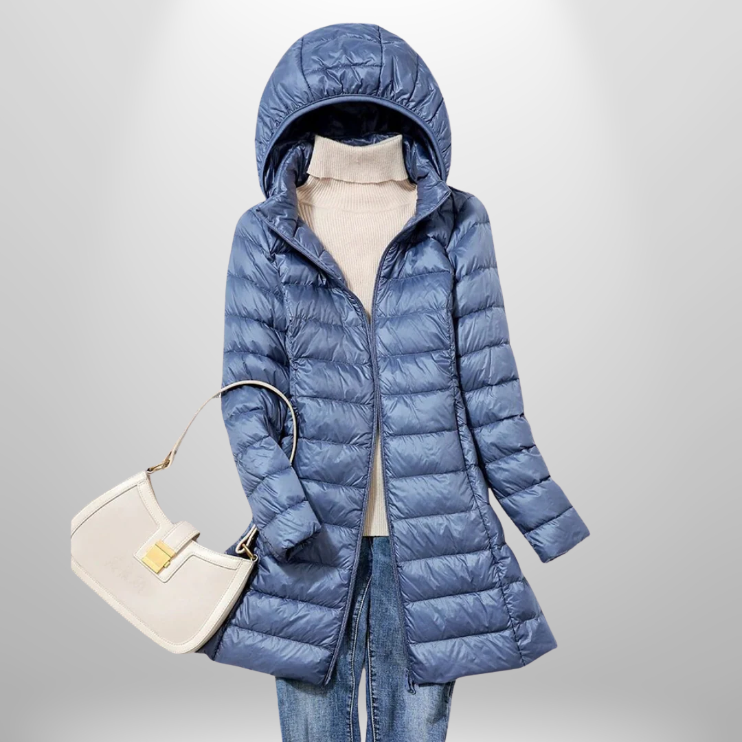 Lavender | Women’s glossy longline hooded puffer coat