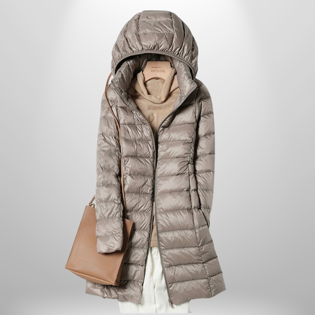 Lavender | Women’s glossy longline hooded puffer coat