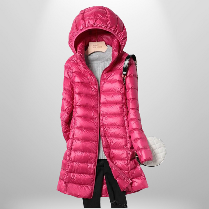 Lavender | Women’s glossy longline hooded puffer coat