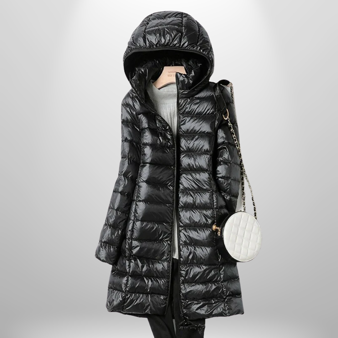 Lavender | Women’s glossy longline hooded puffer coat
