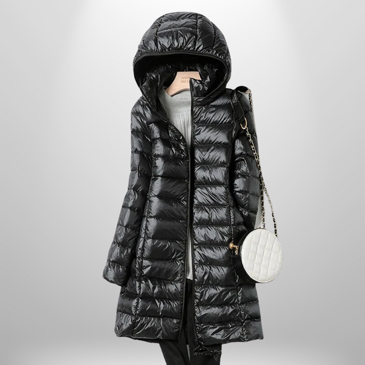 Lavender | Women’s glossy longline hooded puffer coat