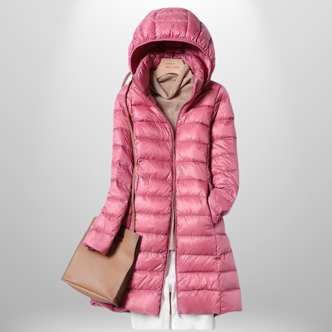 Lavender | Women’s glossy longline hooded puffer coat