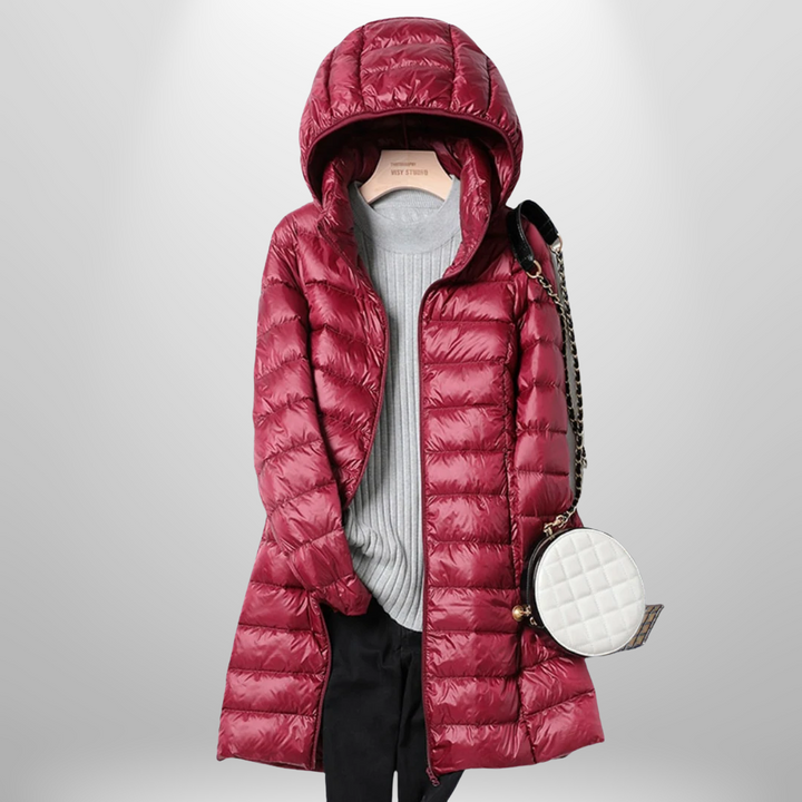 Lavender | Women’s glossy longline hooded puffer coat