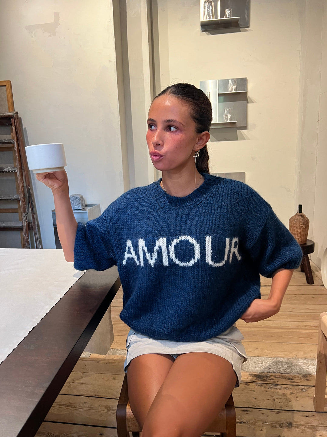 Gabby | Women’s short-sleeve knit sweater with amour lettering