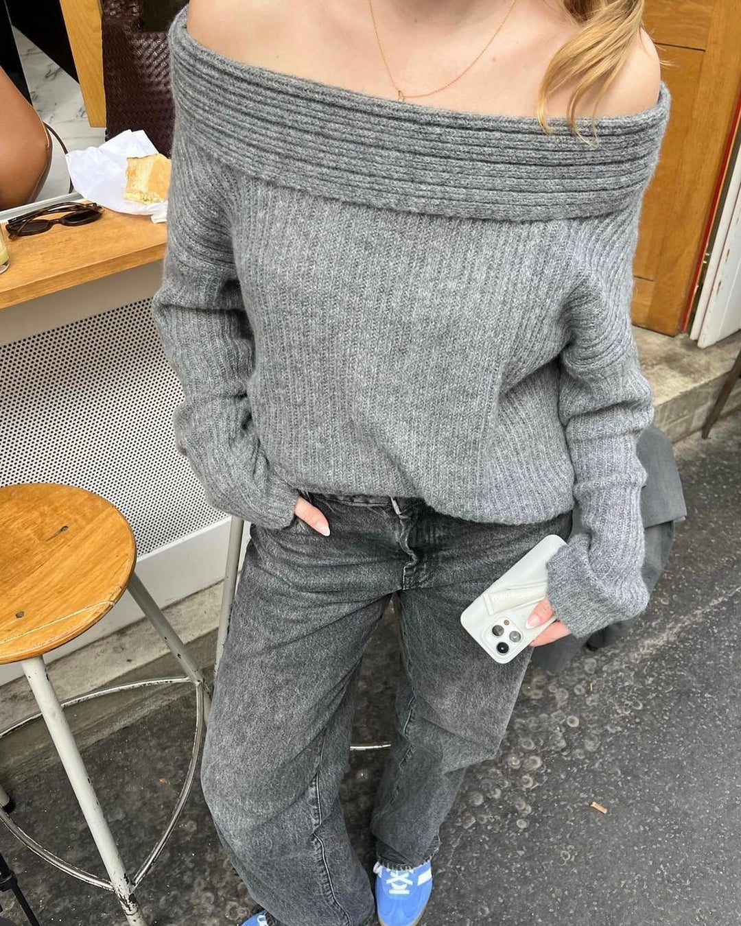 Ellie |  Women’s oversized knit sweater with off-shoulder design and ribbed texture