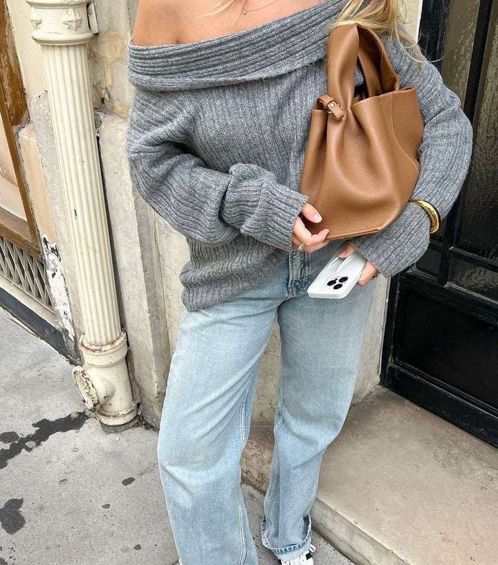 Ellie |  Women’s oversized knit sweater with off-shoulder design and ribbed texture