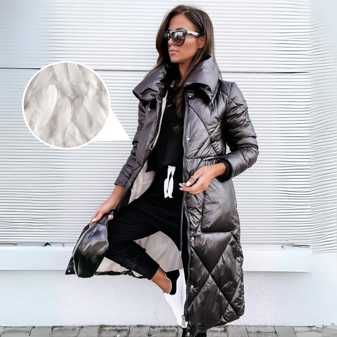 Xyla | Women’s elegant long quilted coat with glossy finish