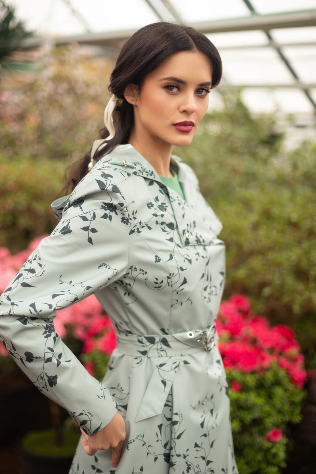 Janine | Women’s pastel mint floral water-resistant trench coat