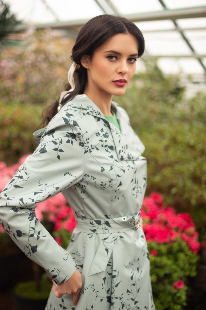 Janine | Women’s pastel mint floral water-resistant trench coat