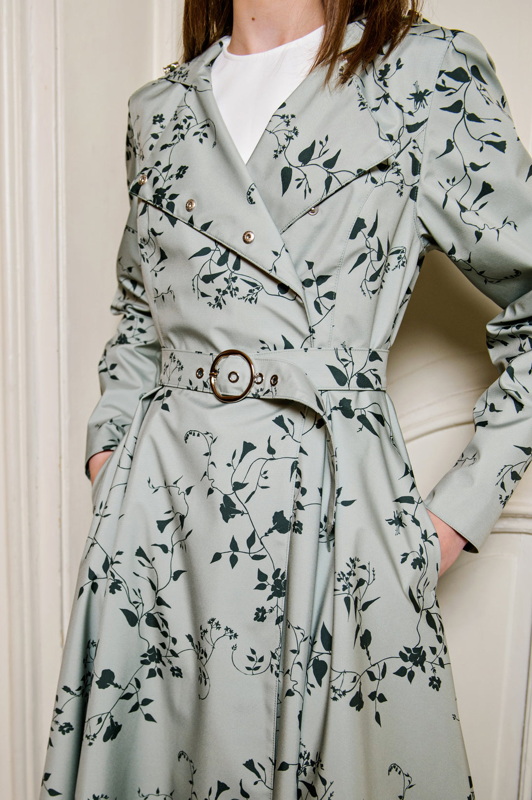 Janine | Women’s pastel mint floral water-resistant trench coat