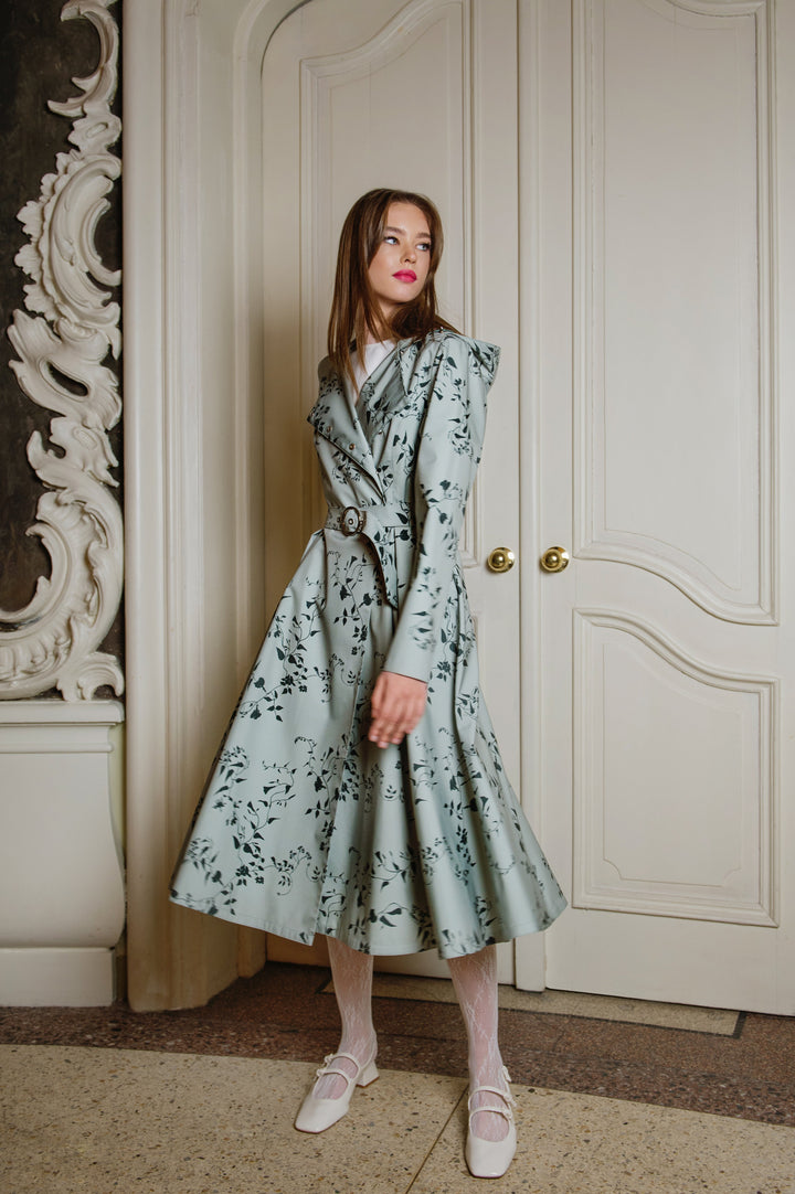 Janine | Women’s pastel mint floral water-resistant trench coat