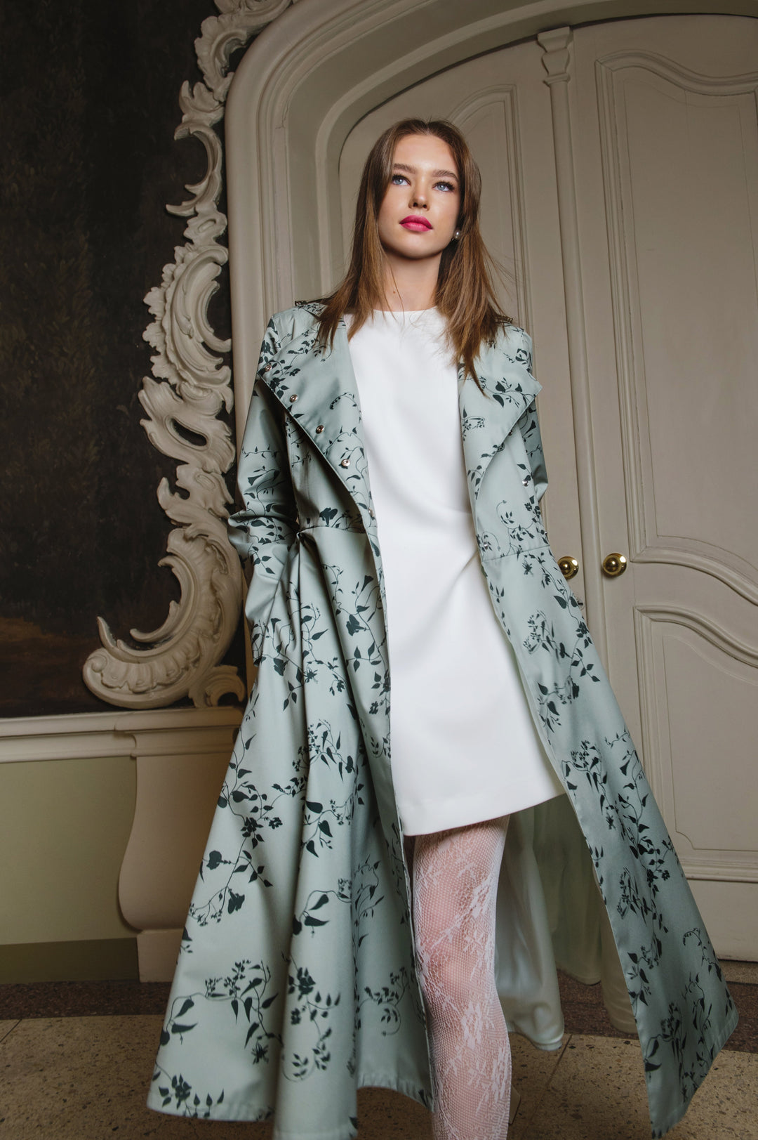 Janine | Women’s pastel mint floral water-resistant trench coat