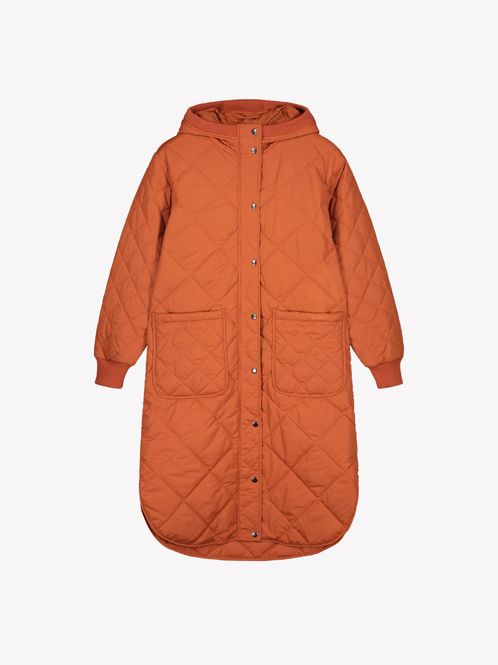 Chelsea | Women’s long quilted hooded coat with oversized patch pockets