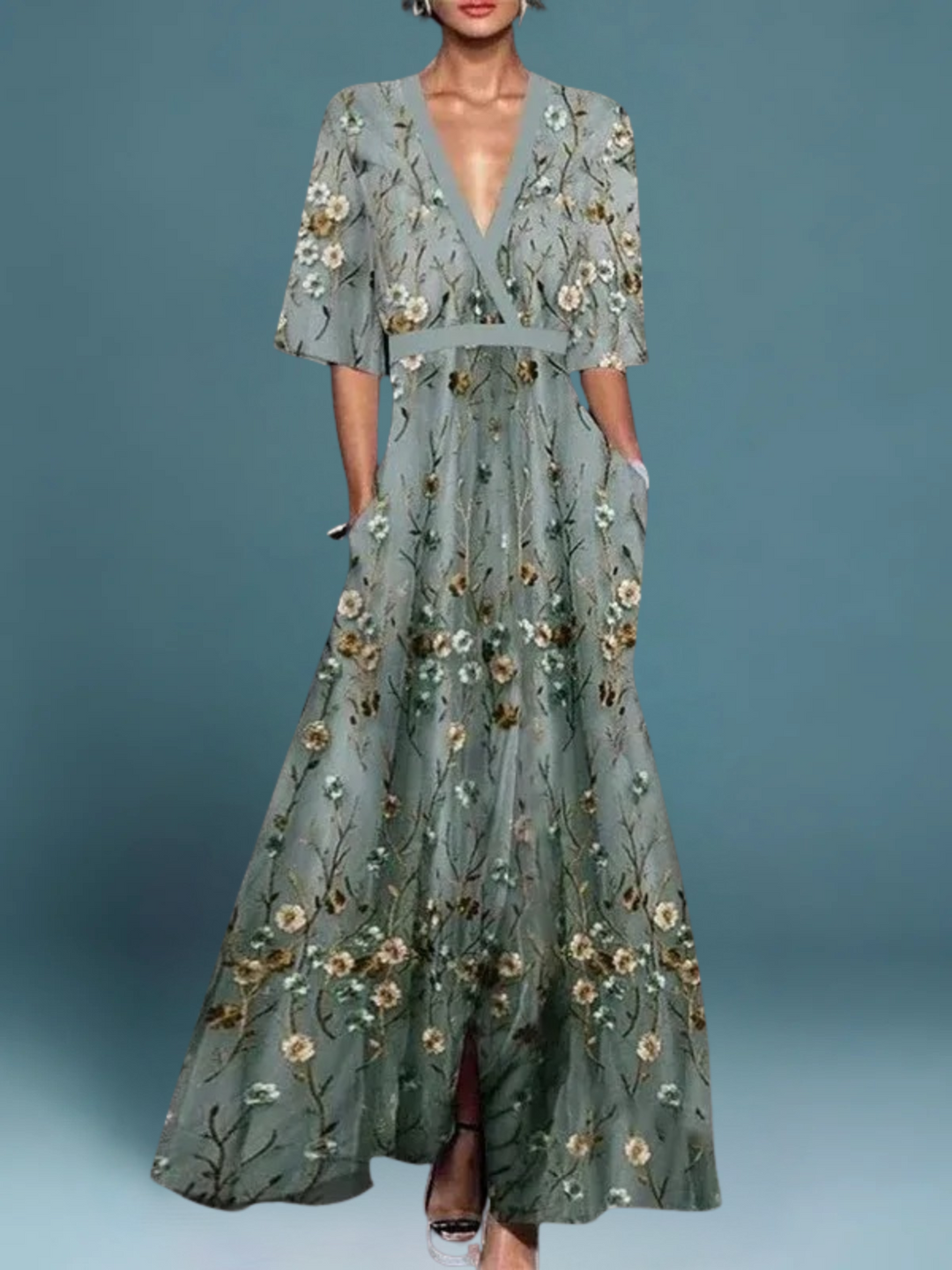 Bay | Elegant floral v-neck belted boho dress