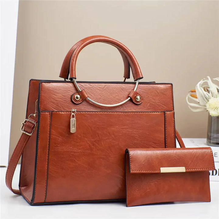 Norah | Women’s leather handbag set with gold ring handle and wallet