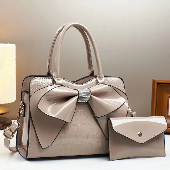Maddie | Women’s polished leather handbag set with bow detail