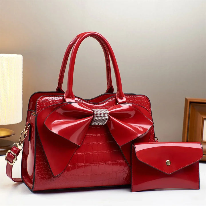 Maddie | Women’s polished leather handbag set with bow detail