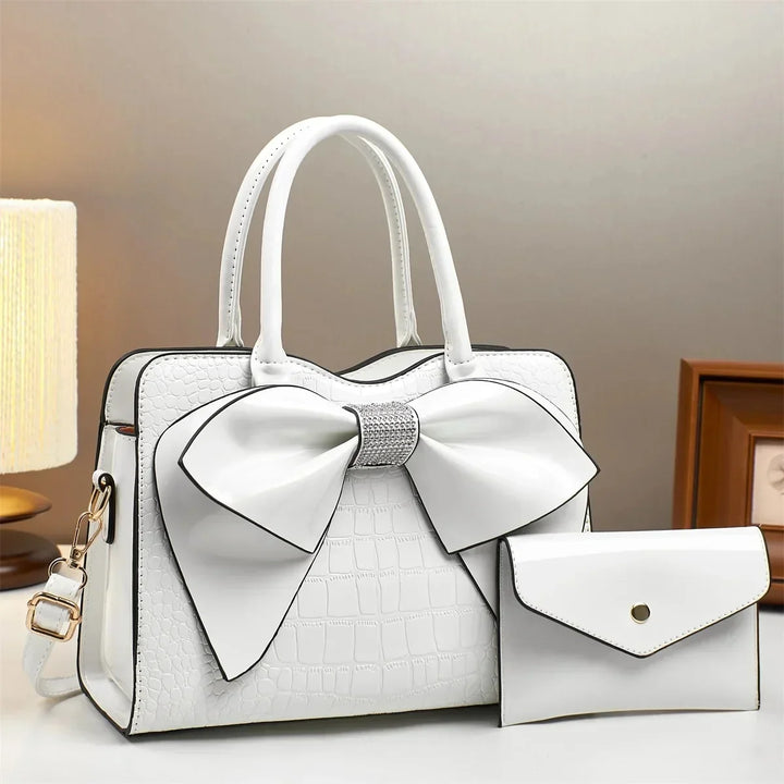 Maddie | Women’s polished leather handbag set with bow detail