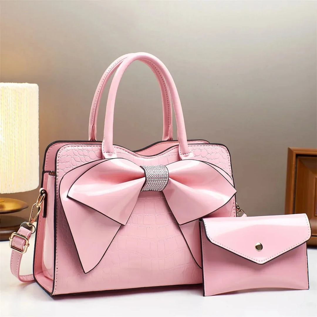 Maddie | Women’s polished leather handbag set with bow detail