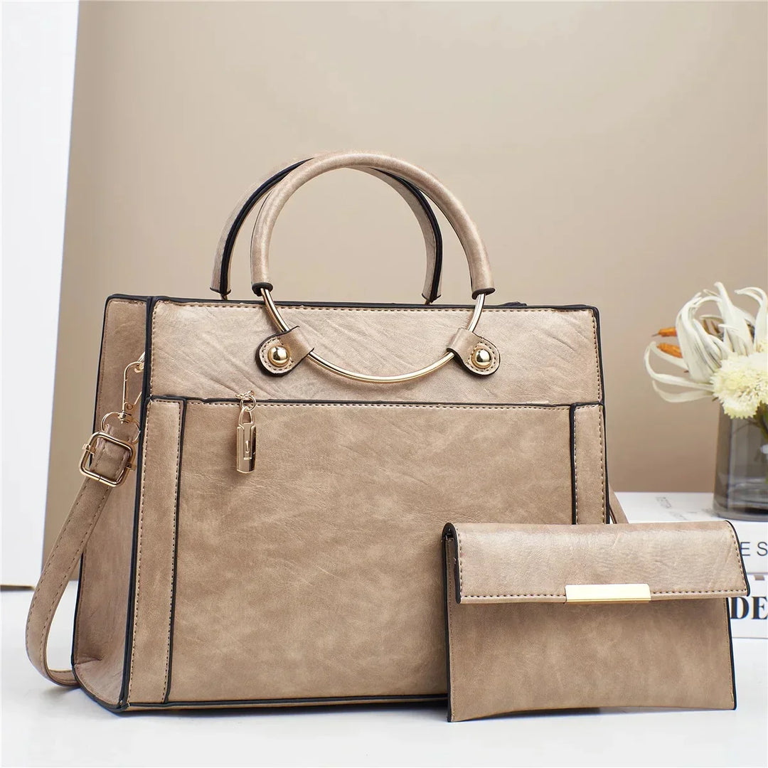 Norah | Women’s leather handbag set with gold ring handle and wallet