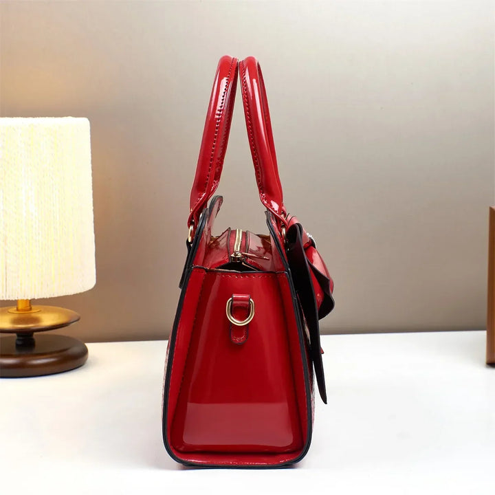 Maddie | Women’s polished leather handbag set with bow detail