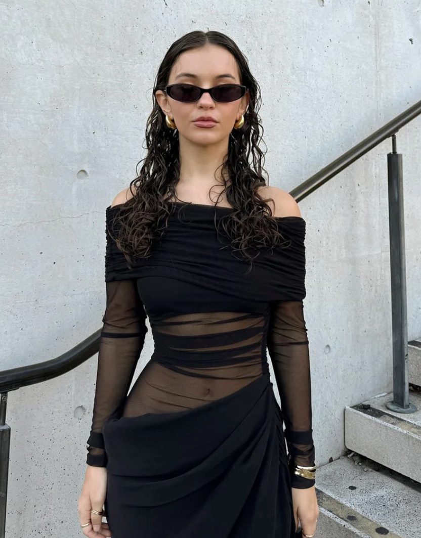 Aviana | Women's elegant sheer mesh long sleeve maxi dress