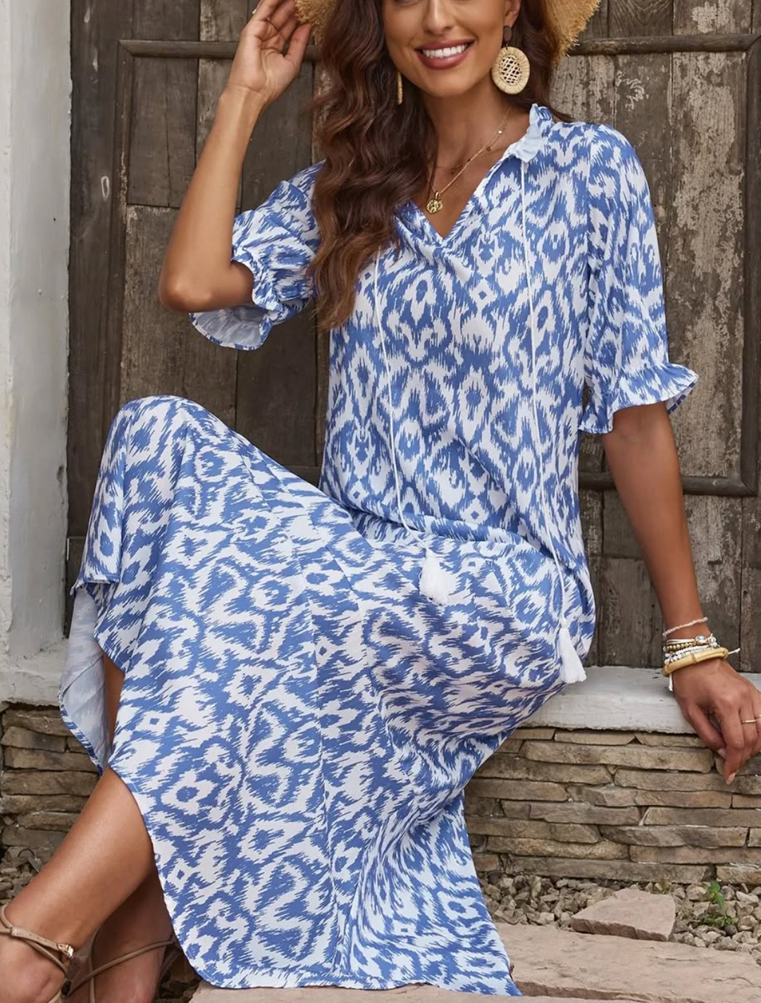 Bethany | Women’s boho v-neck printed midi dress