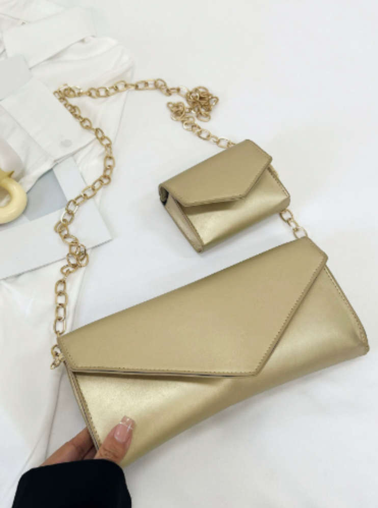 Lucy | Glossy gold envelope clutch & mini wallet chain set