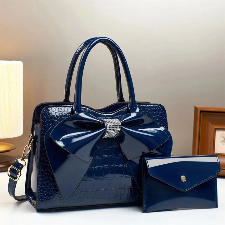 Maddie | Women’s polished leather handbag set with bow detail