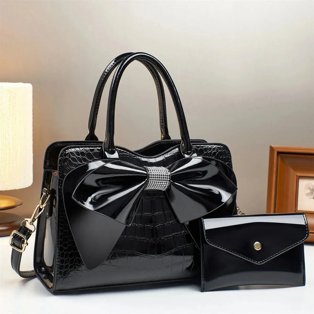 Maddie | Women’s polished leather handbag set with bow detail
