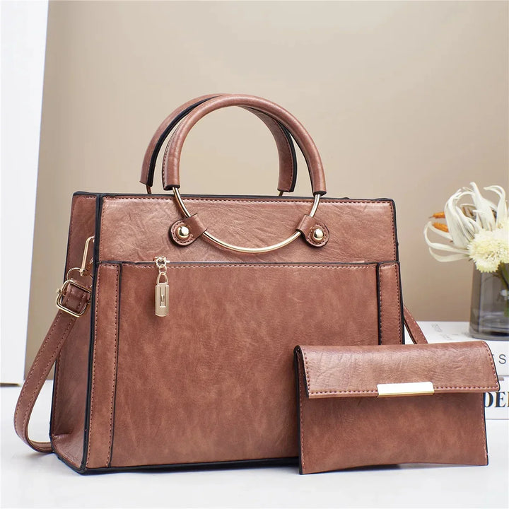Norah | Women’s leather handbag set with gold ring handle and wallet