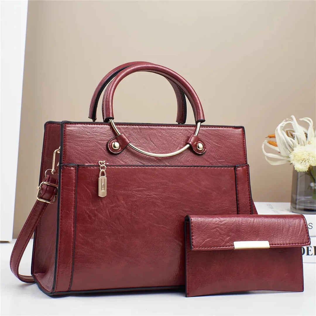 Norah | Women’s leather handbag set with gold ring handle and wallet