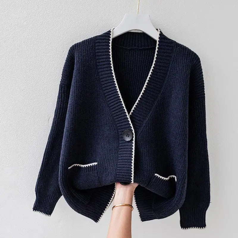 Neriza | Women’s v-neck oversized cardigan with contrast trim