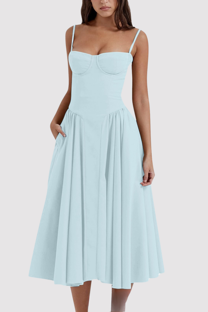 Clara | Corset midi dress with spaghetti straps and flared skirt