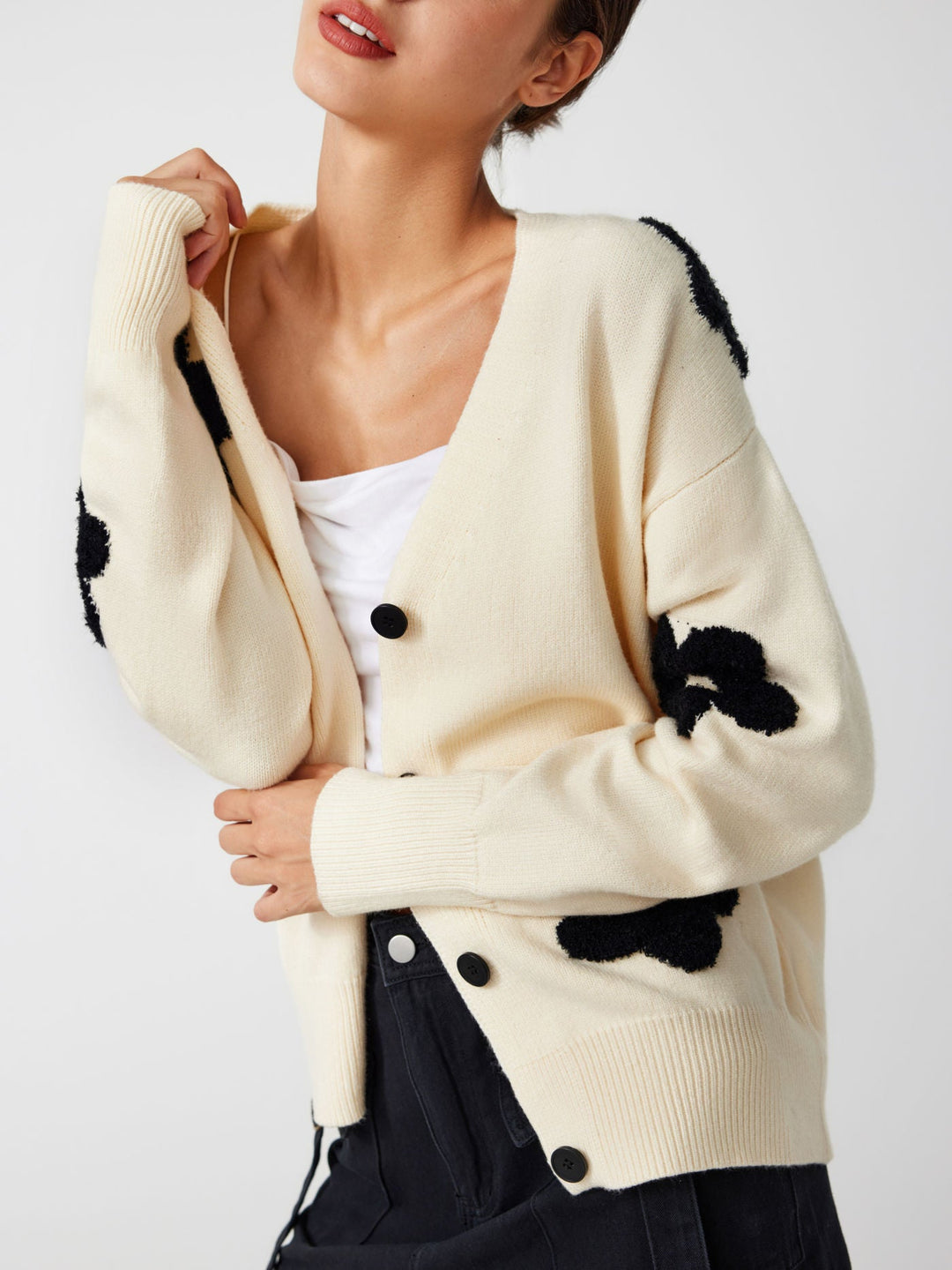 Dahlia | Women’s knit cardigan with v-neck, button front, and floral pattern