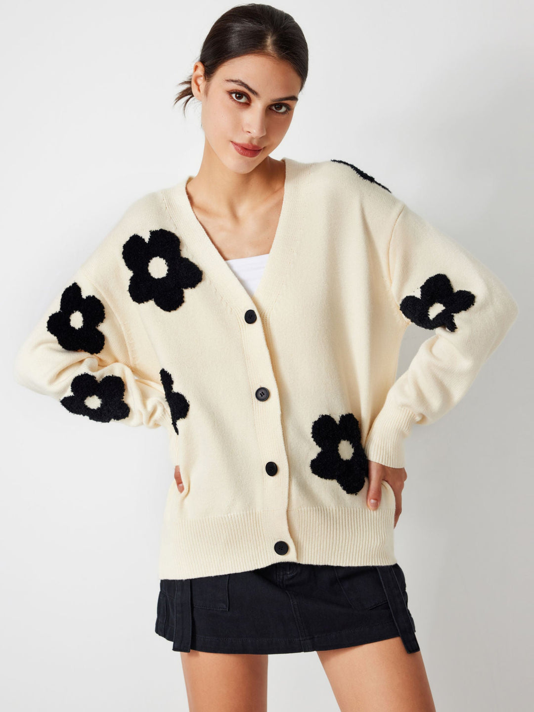 Dahlia | Women’s knit cardigan with v-neck, button front, and floral pattern