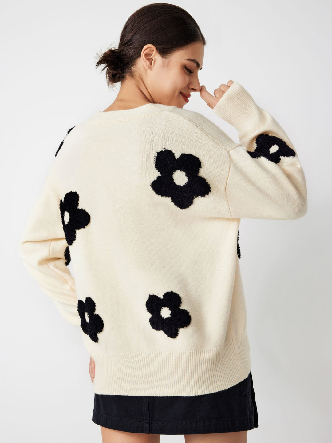 Dahlia | Women’s knit cardigan with v-neck, button front, and floral pattern