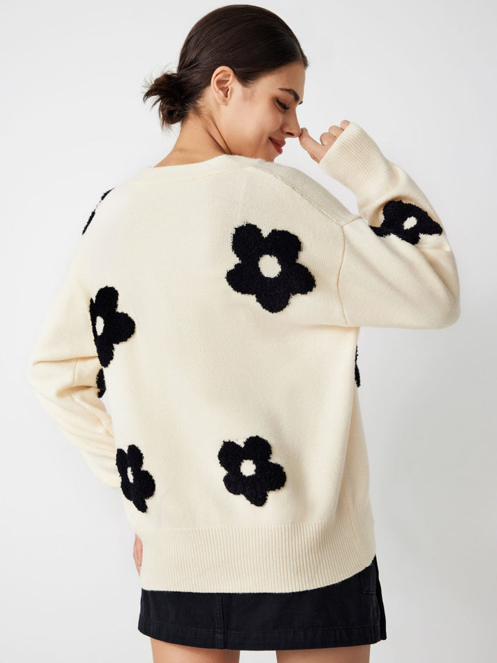 Dahlia | Women’s knit cardigan with v-neck, button front, and floral pattern
